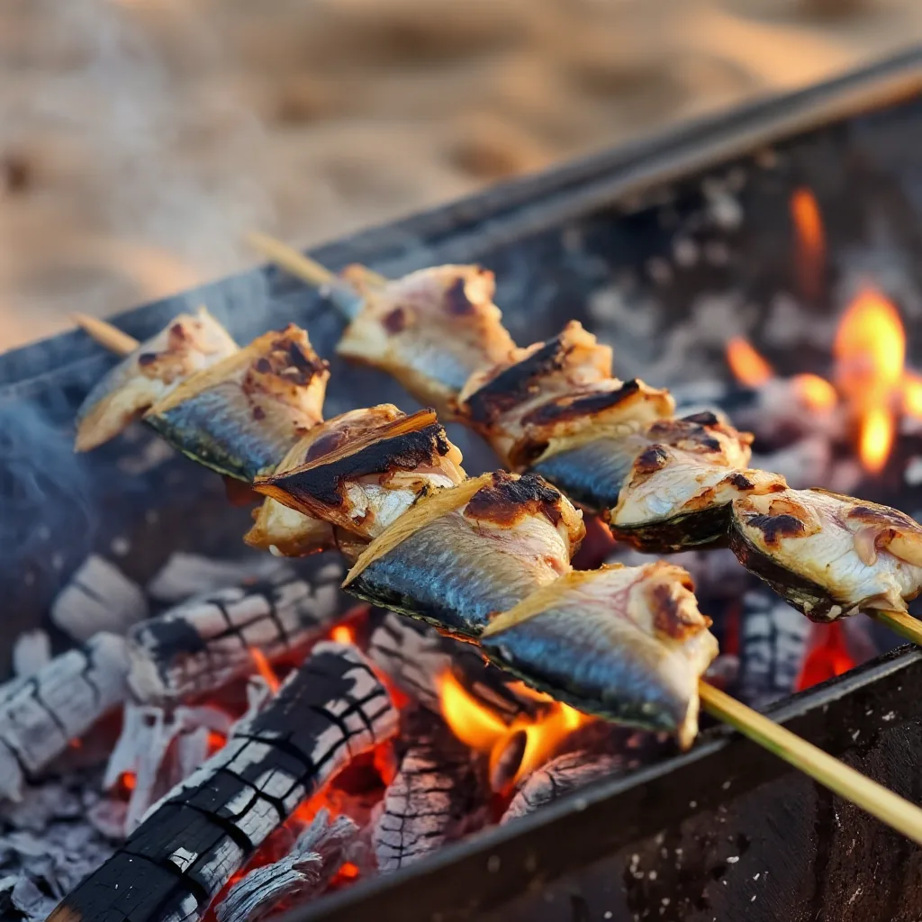 Sardines skewered and grilling over olive wood embers on a beach, the espeto tradition