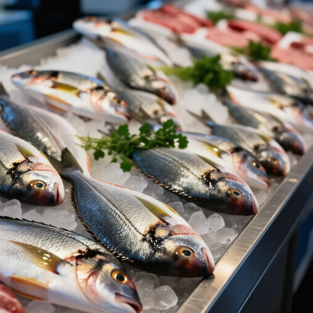 Fresh fish arranged on crushed ice at a Marbella morning market