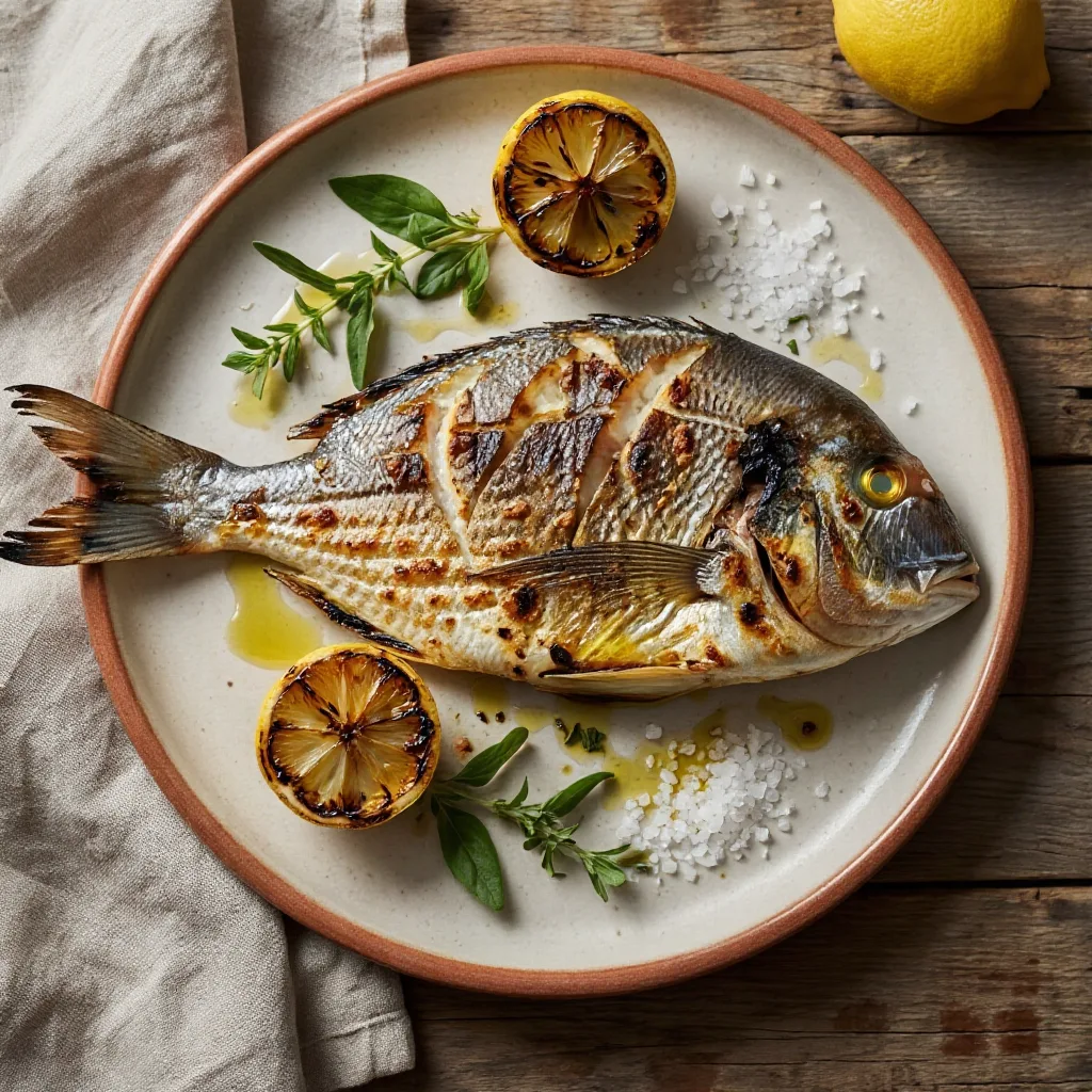A whole grilled Mediterranean sea bream with lemon and herbs, from above