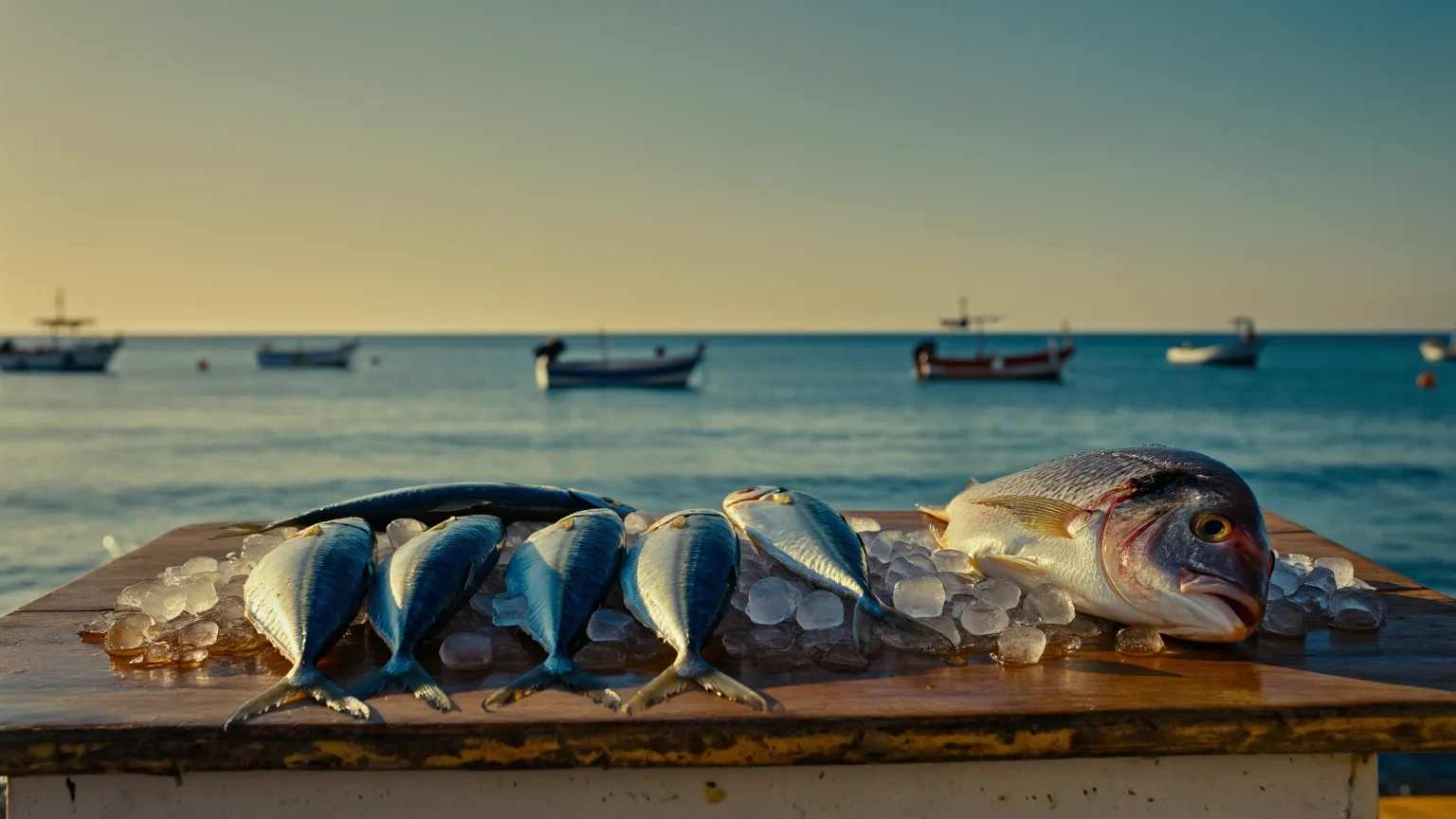 Fresh fish on crushed ice at a Marbella fishmonger at golden hour, with the Mediterranean sea beyond