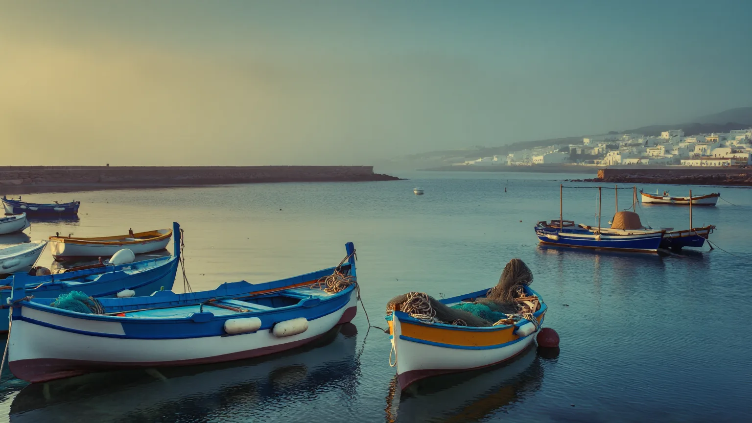 An Andalusian fishing port at first light, with traditional blue and white boats and nets