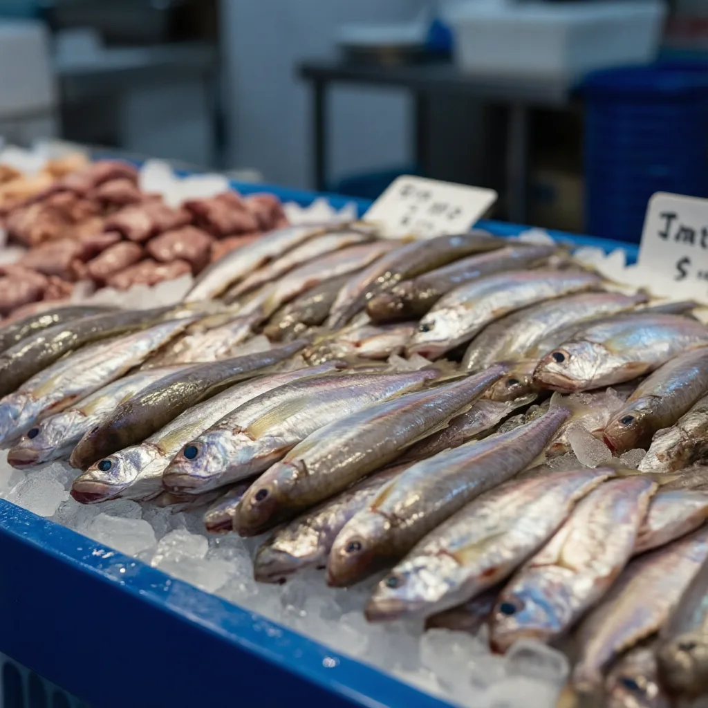 A pile of fresh silver anchovies on ice, their delicate bodies closely packed