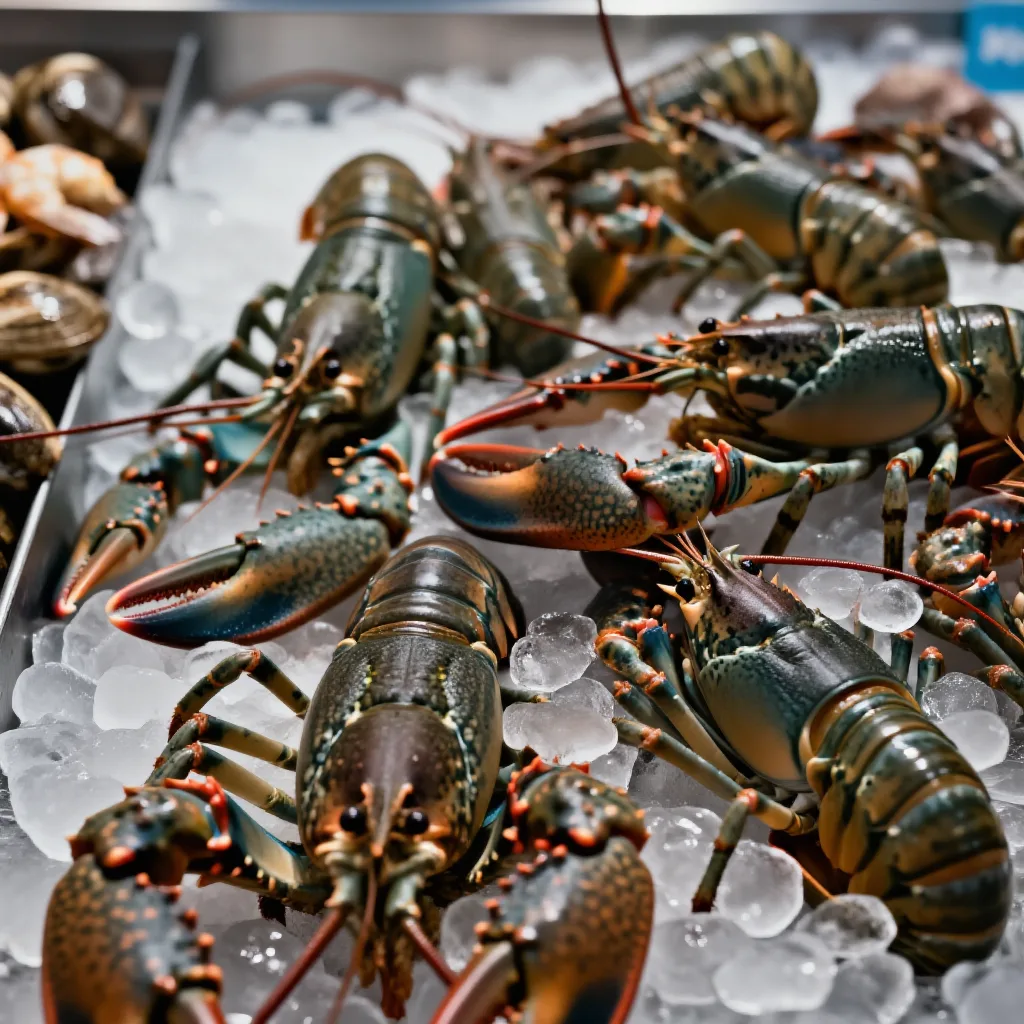 Deep red carabinero prawns arranged on ice, their long antennae and shells glistening