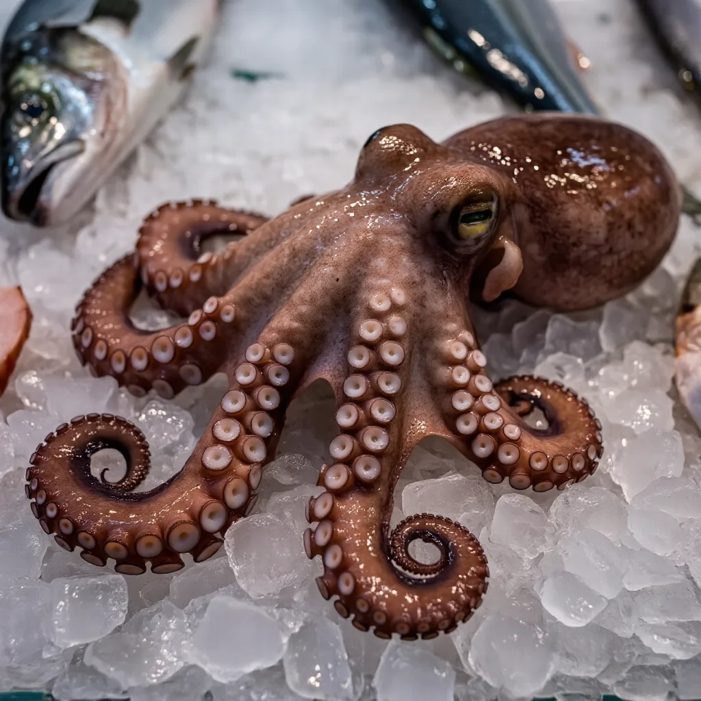 Cooked octopus tentacles sliced into rounds, their skin a deep reddish-purple