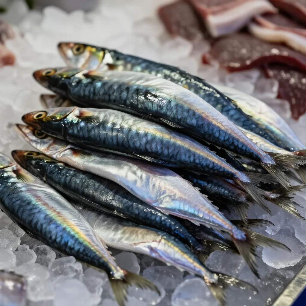 Fresh sardines laid out on crushed ice, their blue-silver backs catching the light