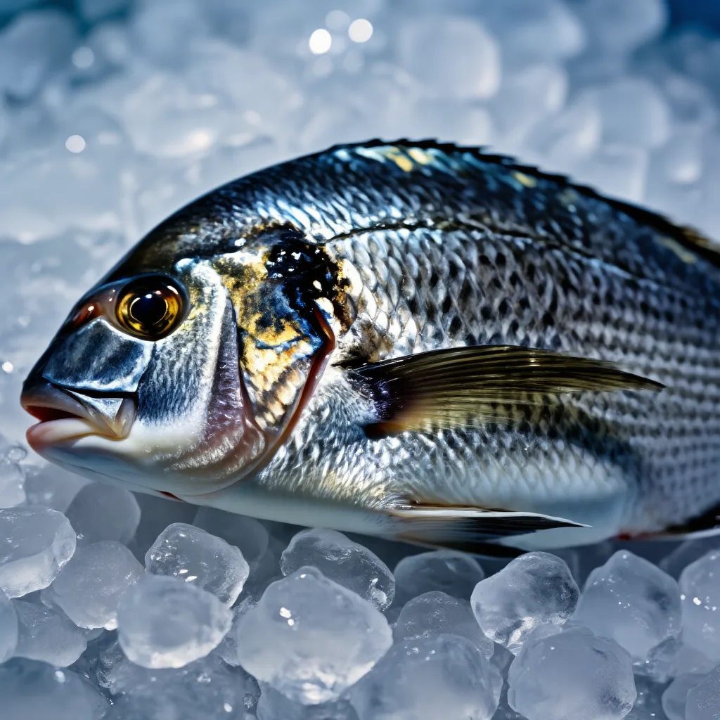 A whole gilt-head sea bream on ice, showing the golden band between its eyes